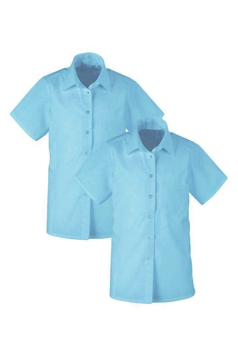 Girls Non-Iron Blue Short Sleeve Blouse Twin Pack-0