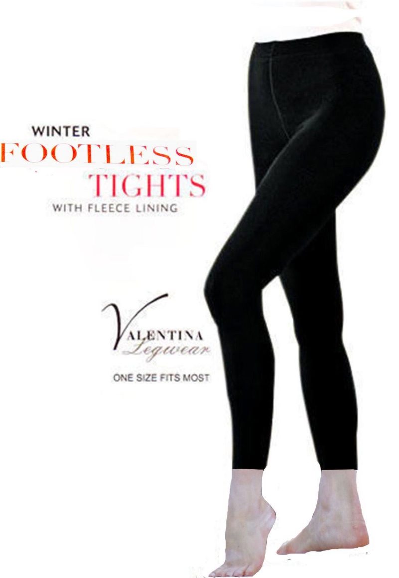 LADIES BLACK THICK FOOTLESS FLEECE LINED WINTER WARM STRETCH TIGHTS -0