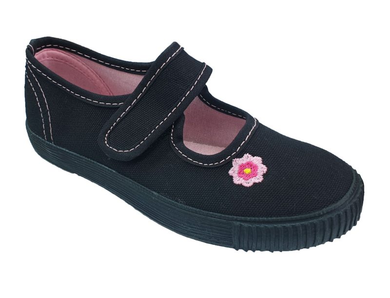 Girls Black Pumps With Pink flower, Contrast Insole and Stitching